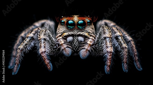 Close-up of a curious jumping spider staring forward against a black background