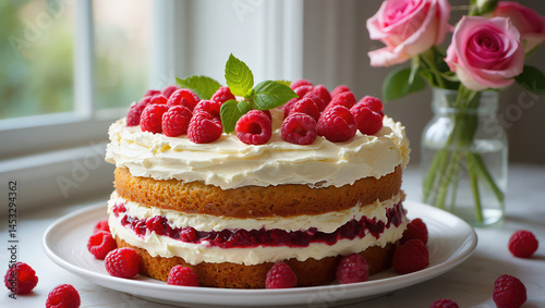 Delicious cake with strawberries and raspberries surrounded by beautiful roses for Mother's Day celebration