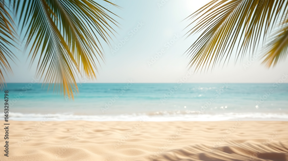 Fototapeta premium Serene Tropical Beach Scene with Palm Fronds and Soft Sand