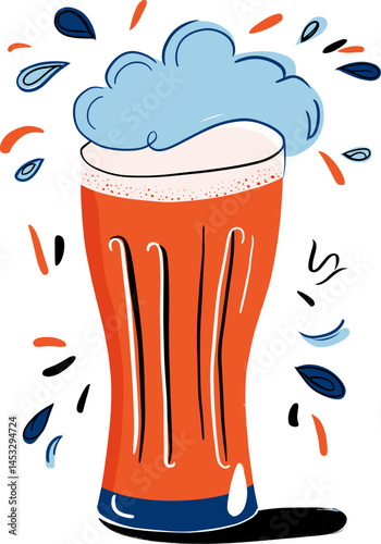 Colorful of a beer glass with foam and splashes cartoon isolated on transparent background. Vector illustration.