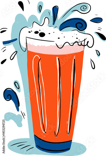 Colorful of a beer glass with foam and splashes cartoon isolated on transparent background. Vector illustration.