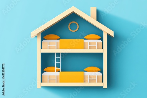 Minimalist Hostel Bunk Bed Icon Inside House Shape on Blue Background