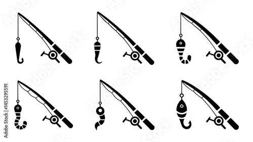Six Simple Fishing Rod Icons with Different Lures