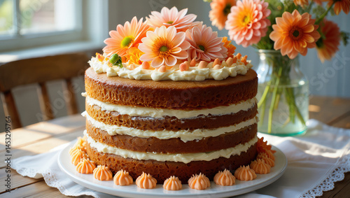 Celebrating Mother's Day with a beautifully decorated cake and fresh flowers on a sunny afternoon