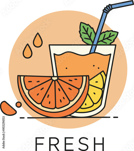 Fresh orange and lemon juice with straw and mint leaves vector illustration for healthy drink promotion 