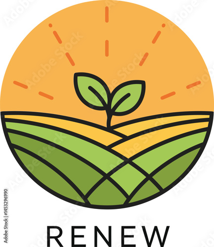 Renewable energy concept with green sprout and sunrise over fields in circular design vector illustration 