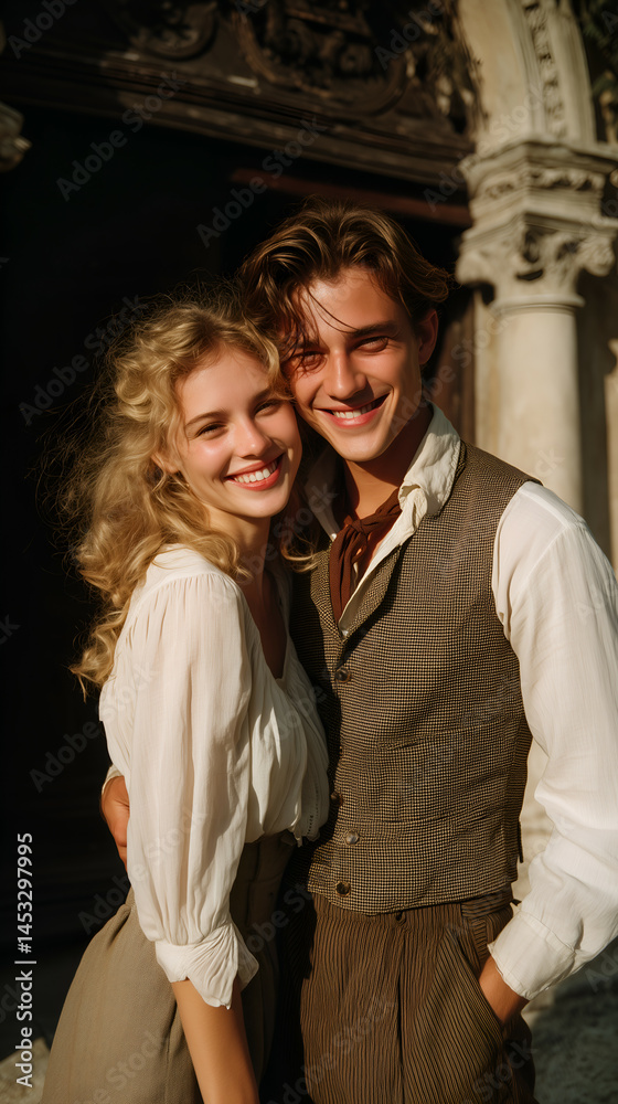Fototapeta premium Smiling Couple in Casual Wear Embracing Outdoors - Candid Lifestyle Photography in Spring Sunset Light