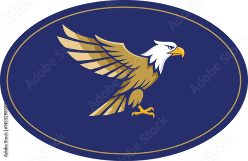 Eagle flying logo with blue and gold colors in oval shape vector illustration 