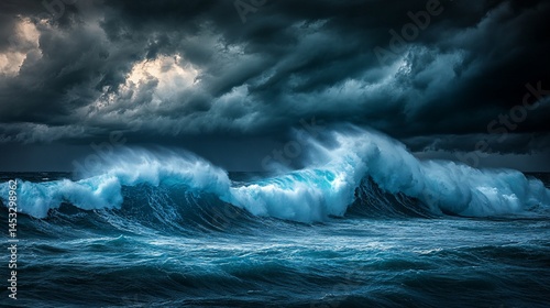 Dramatic ocean waves crashing under stormy sky.