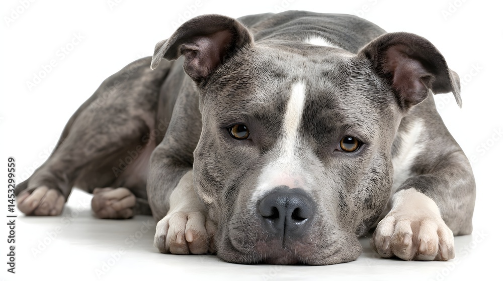 Pit bull dog lying down with calm expression on white background
Pit bull dog lying down with calm expression on white background
