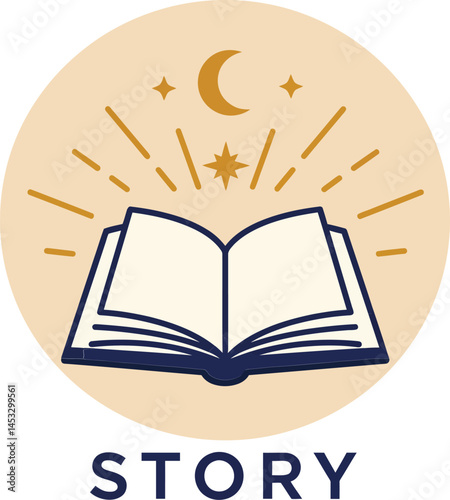 Open book with moon and stars magical story concept in beige and navy vector illustration 