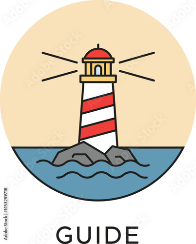 Lighthouse icon with red and white stripes on rocky shore vector illustration for guidance and navigation concepts 