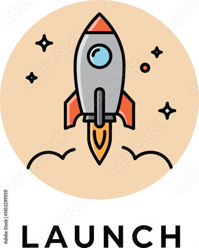 Rocket launch icon with stars and smoke vector illustration in simple colorful design 