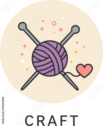 Knitting craft hobby icon with purple yarn ball and crossed needles in beige circle background vector illustration