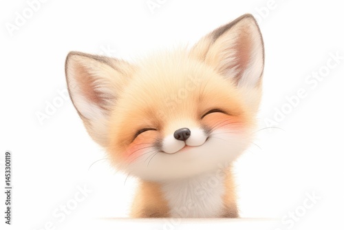 Adorable smiling fox cub with fluffy fur and rosy cheeks on white background