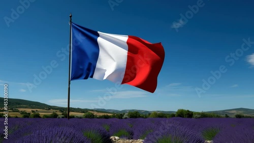 The French Flag Displayed Gracefully Amidst Picturesque Lavender Fields of Blooming Glory