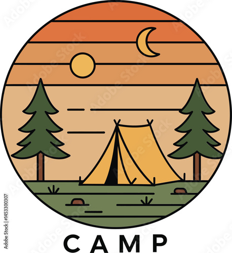 Outdoor camping scene with tent pine trees sunset and moon vector illustration for nature lovers and adventure enthusiasts 