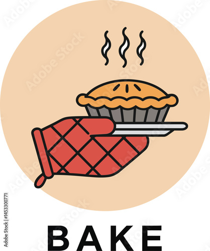 Hand Holding Hot Oven Mitt Serving Freshly Baked Pie Vector Illustration with Steam and Bake Text