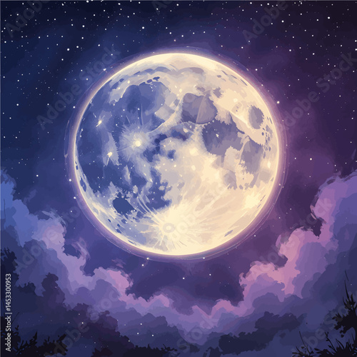a majestic full moon dominating a vibrant night sky. The moon is depicted with intricate surface details, revealing its craters and textures in shades of pale yellow and soft blue-grey