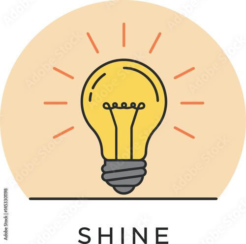 Light bulb icon shining with glowing filament and rays in round background vector illustration design 