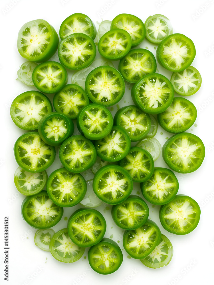 sliced jalapeno peppers isolated on white background. Green chili pepper. Capsicum annuum. top view sliced jalapeno peppers isolated on white background. Green chili pepper. Capsicum annuum. top view