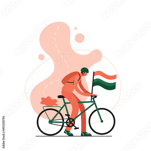 Man cycling bicycle holding flag with orange white and green stripes vector illustration 