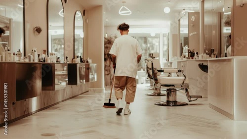 A Young Individual Engaged in Tidying Up Inside a Contemporary Modern Barber Shop Space