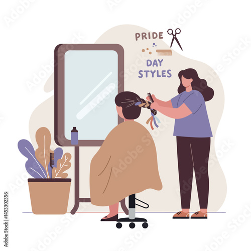 Hairdresser cutting hair with scissors and comb in salon celebrating Pride Day styles with rainbow accessories and decor vector illustration 