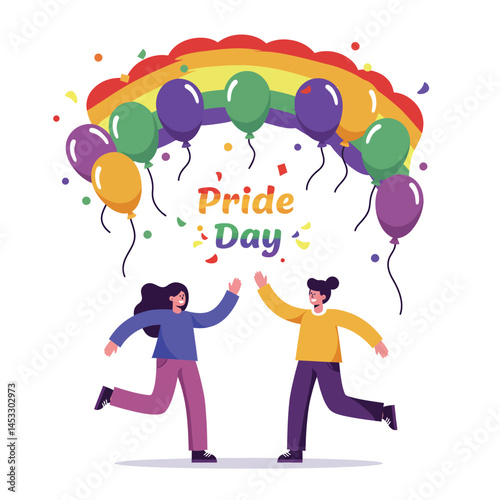 Pride Day celebration with joyful people under rainbow arch and colorful balloons vector illustration 
