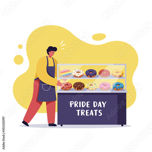 Pride Day treats donut shop vendor selling colorful donuts with glass display counter vector illustration 