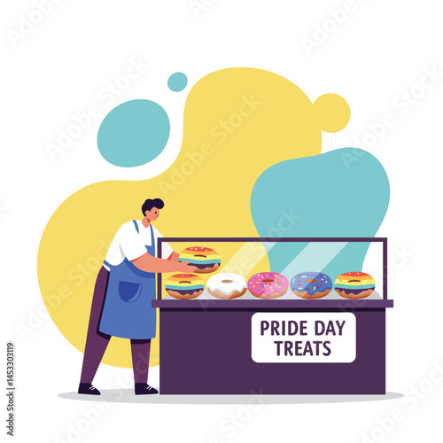 Man Serving Pride Day Treats at Donut Shop Display Counter with Colorful Background Illustration 