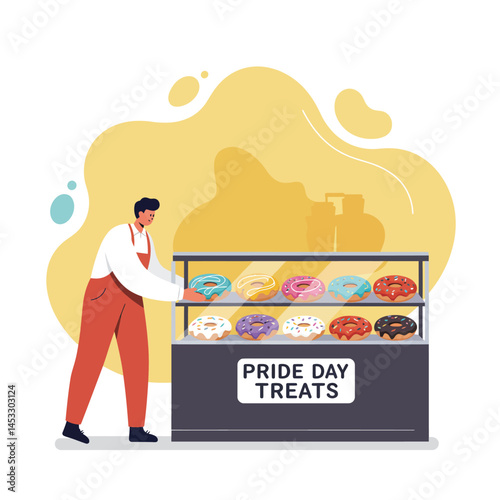 Person selecting colorful donuts from Pride Day treats display celebrating LGBTQ+ community inclusivity and diversity with sweet pastries 