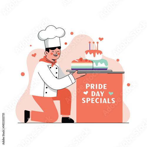 Chef presenting Pride Day special cakes with colorful decorations and heart shapes vector illustration 