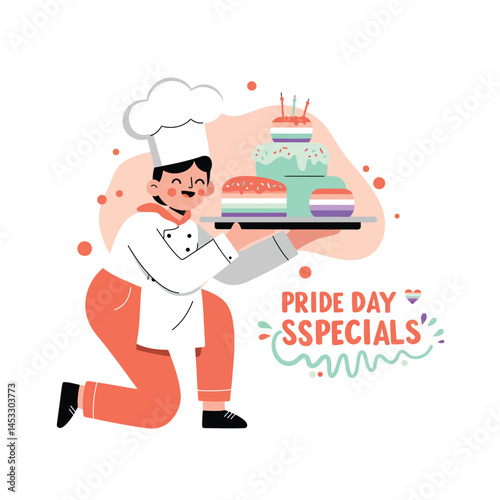 Chef presenting colorful cakes for Pride Day specials celebration with festive decorations and rainbow colors 