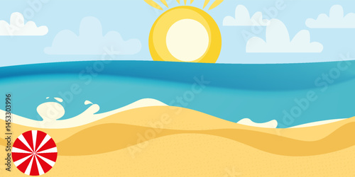 beach lanscape with sun and palms, sunny vector background with beach and sea