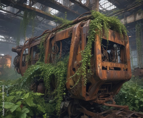 Overgrown vines cling to rusted machinery in a forgotten factory ,  aged,  machinery