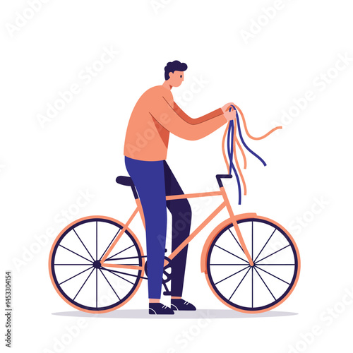 Man holding bicycle with ribbon streamers on handlebars in casual outfit vector illustration 