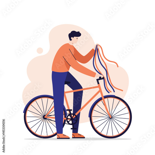 Man Preparing Bicycle with Streamers for Leisure Ride in Casual Clothing Vector Illustration 
