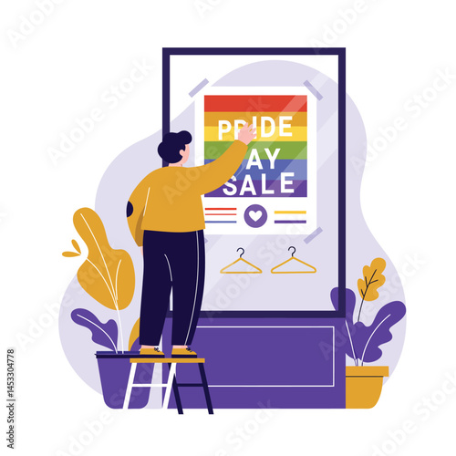 Man hanging pride day sale poster on wall with colorful rainbow background for LGBTQ+ event promotion vector illustration 