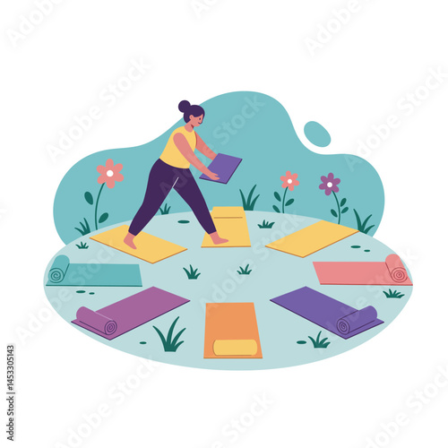 Woman arranging colorful yoga mats in outdoor circle for group exercise and wellness activity 