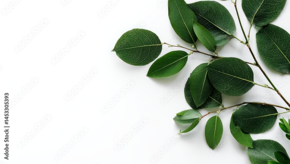 Green Leaves Branch Displayed on White Background: Nature's Beauty, Vivid Hues, Botanical Details, Fresh Foliage, Organic Texture Green Leaves Branch Displayed on White Background: Nature's Beauty, Vivid Hues, Botanical Details, Fresh Foliage, Organic Texture