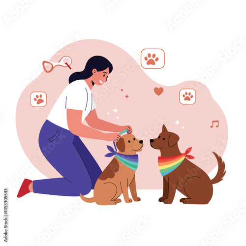 Woman playing with two dogs wearing colorful bandanas in a playful home environment vector illustration 