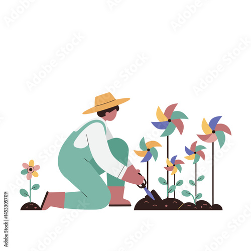 Gardener planting colorful pinwheel flowers in garden wearing hat and overalls vector illustration 
