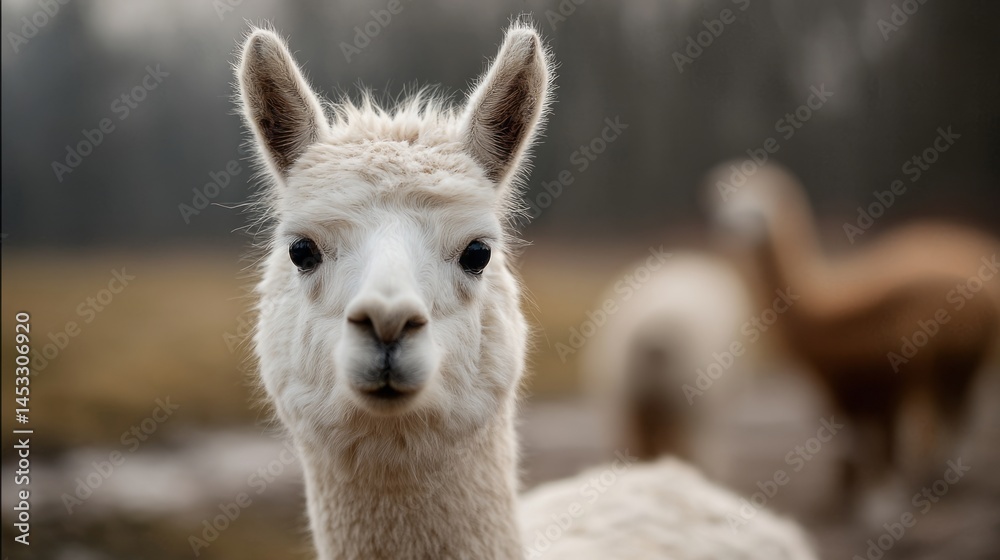 A close-up of an alpaca gazing towards the camera. A close-up of an alpaca gazing towards the camera.