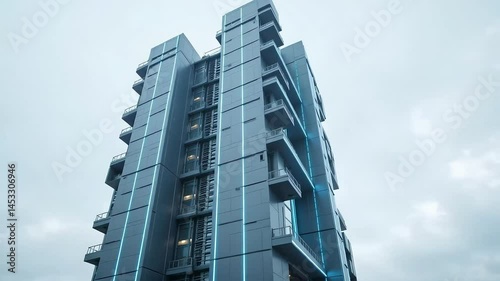 Modern Architecture Futuristic Building Design Grey Facade Blue Lights Urban Skyscraper