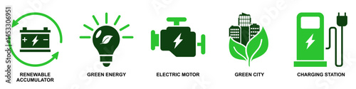 Set of green energy icons vector for eco concepts, renewable power, and sustainable solutions. Ideal for environmental conservation projects, eco education, and clean energy initiatives.