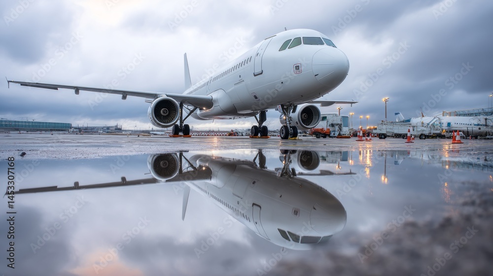 an airplane parked on the ground with its reflection in a puddle. an airplane parked on the ground with its reflection in a puddle.