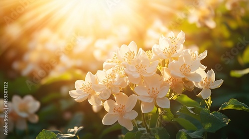 Jasmine blooms under bright sunlight in a garden against blurred green foliage