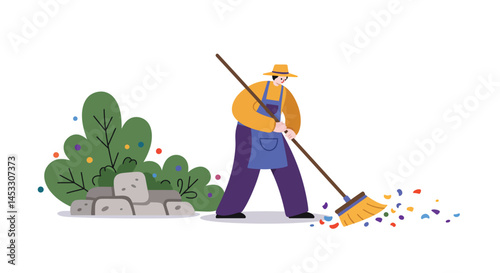 Gardener sweeping leaves outdoors near bushes and rocks with rake in colorful autumn scene vector illustration 