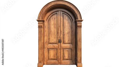 Solid oak wooden door with rounded arch and classic frame, half-open on white background.